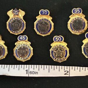 Set-7 Vintage American Legion Service Pins Years 25-55-Solid 10K Gold & Filled